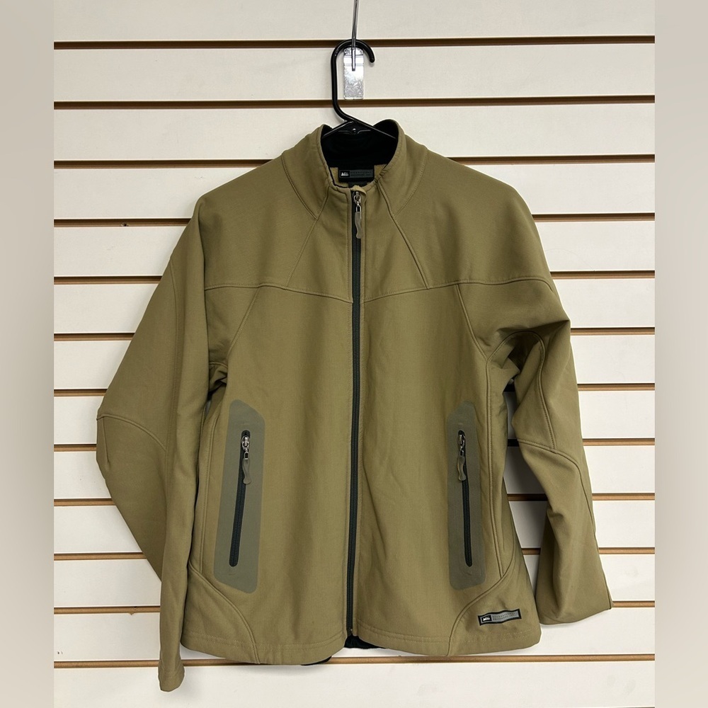 REI Women’s Full Zip “One Jacket” Size L‎ Khaki Soft Shell 4-Way Stretch Pockets